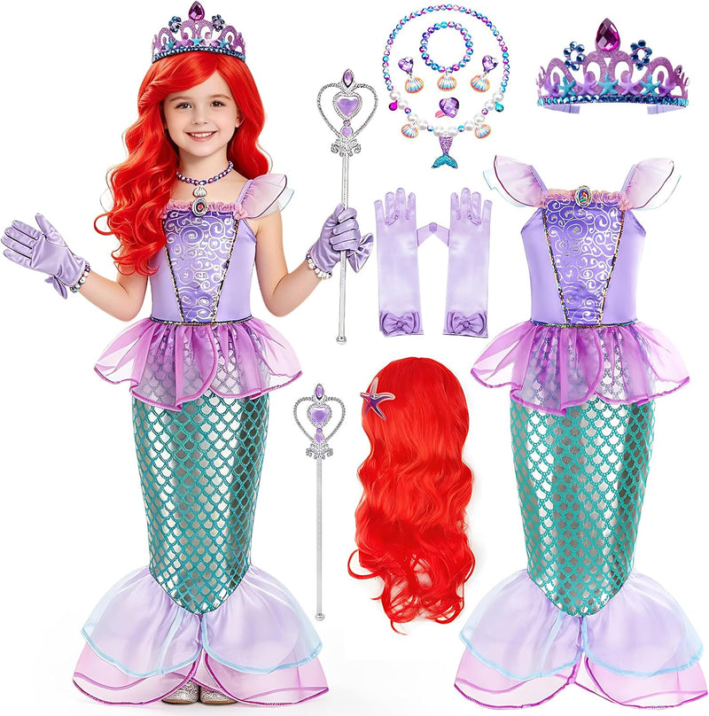 AM ANNA Girls Mermaid Costume Set, 9-in-1 Ensemble with Wig, Gloves, Crown and Accessories, Polyester, Ages 4-10, Purple, Halloween and Birthday Fancy Dress Kids Mermaid Costume - 9 in 1