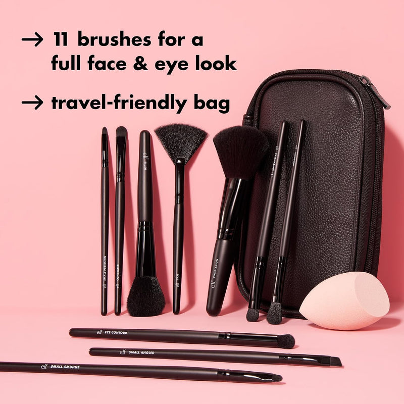e.l.f. Full Face & Eye Makeup Brush Set, 11 Makeup Brushes For Foundation To Bronzer, Eyeshadow & More, Vegan & Cruelty-Free