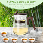 800ML Glass Teapot with Infuser Removable, Enchanti Tea Pot with Wooden Handle, 3 in 1 Water Separation Tea Infuser Pot, Press Control Magic Teapot for Blooming Tea and Loose T/ea