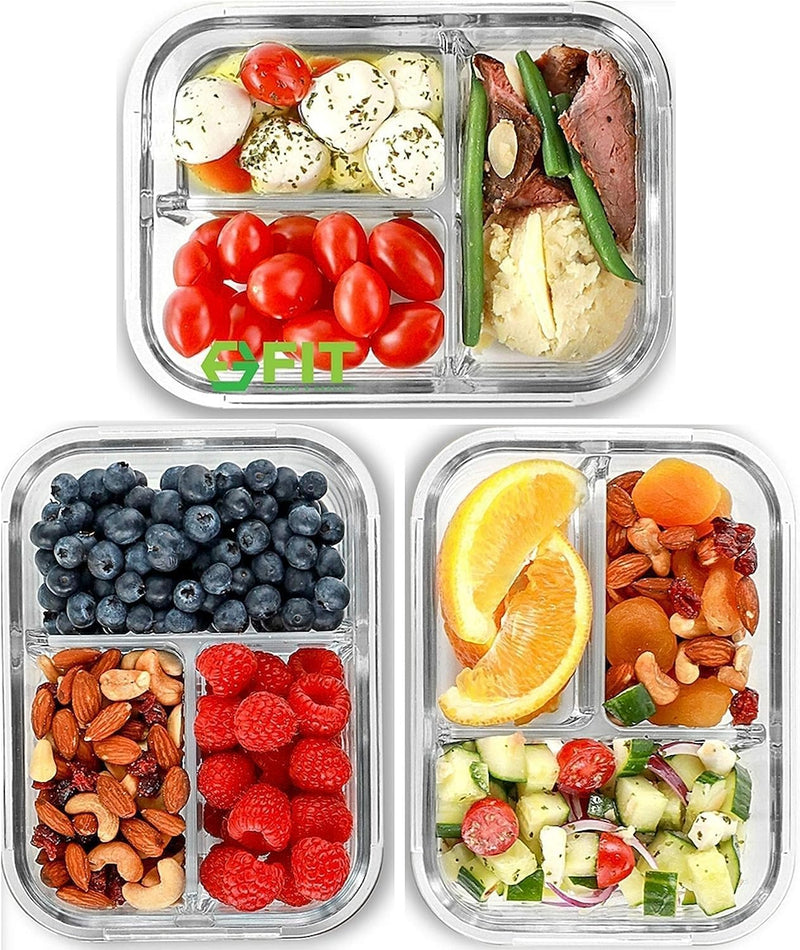 Glass Food Storage Containers with 3 Compartments and Lids 3-Pack, 950ml - Glass Containers, Glass Meal Prep Containers, Glass Food Box, Snack Boxes, Bento Lunch Box, Airtight Food Storage
