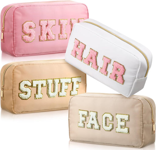 4 Pcs Nylon Cosmetic Bag Travel Organizer Chenille Letter Makeup Pouch Zipper Preppy Waterproof Hair Bag Toiletry Pouch for Women Girls(Light Brown, Beige, Light Pink, White) - White