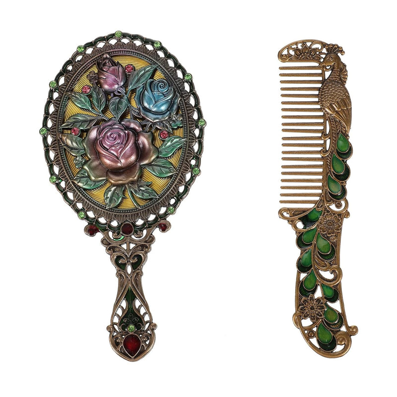 Antique Handheld Mirror and Hair Brush Set, Elegant Travel Makeup Tools for Women and Girls, Vintage Beauty Accessories