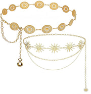BOSSNOUK 2Pcs Gold Waist Chain Belt for Women Sun Moon Boho Body Chain, Nickel-Free Adjustable 125cm, Dress Belt for Abaya Kaftan Jeans Eid Ramadan Gift - C