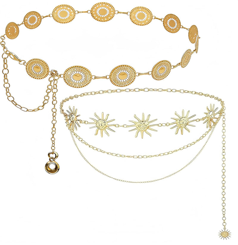 BOSSNOUK 2Pcs Gold Waist Chain Belt for Women Sun Moon Boho Body Chain, Nickel-Free Adjustable 125cm, Dress Belt for Abaya Kaftan Jeans Eid Ramadan Gift - C
