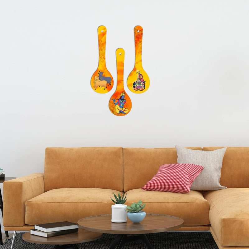 Artvibes Rajasthani Culture Wooden Wall Hanger for Home | Office | Living Room | Gift | Modern Decoration Items | Kitchen Wall Decor | Home Decor Hanging Items (WH_5012N), Set of 3