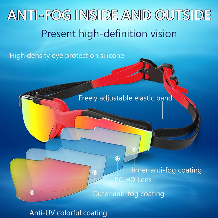 MAKINGTEC Swim Goggles Anti Fog Waterproof HD Adjustable Swimming Goggles Adult Men Women Youth Anti Fog No Leak Clear Wide Vision UV Protection (red)