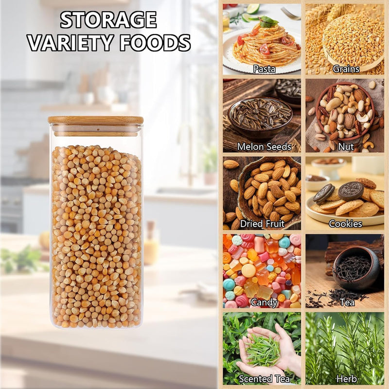 SKY-TOUCH Glass Food Storage Jars Containers set 1.5L,with Airtight Bamboo lids Set of 4,for Spices Noodles Flour Cereal Rice Sugar Tea Coffee Beans, Square (4 Pack, 1500ml)