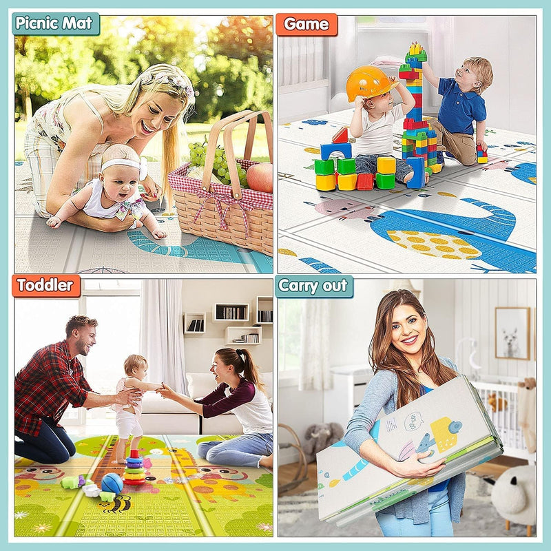 Baby Play Mat, Foldable Foam Floor Baby Crawling Mat, Reversible Waterproof Anti-Slip Portable Baby Playmat for Infants Toddler Kids Indoor Outdoor Use (200x180x1cm)