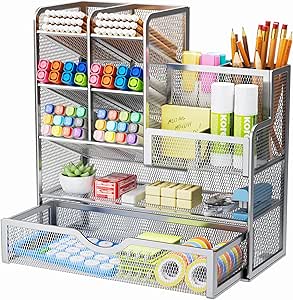 Marbrasse Mesh Pen Holder for Desk, Pen Organizer with Drawer, Multi-Functional Pencil Organizer, Desk Organizers and Accessories for Office Art Supplies (Silver)