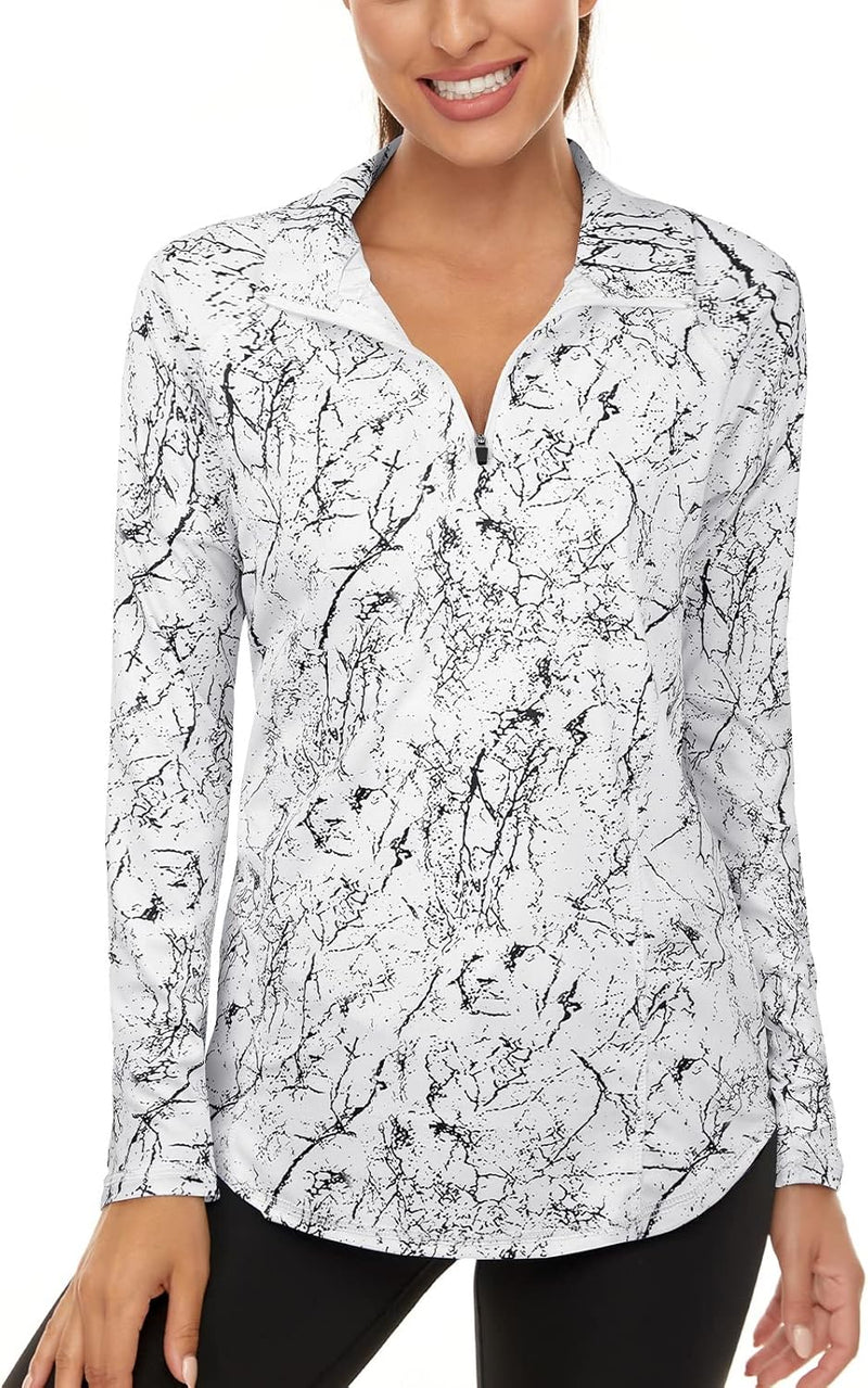 Womens UPF 50+ Long Sleeve 1/4 Zip Pullover Athletic Hiking Running Workout Tops - Marble