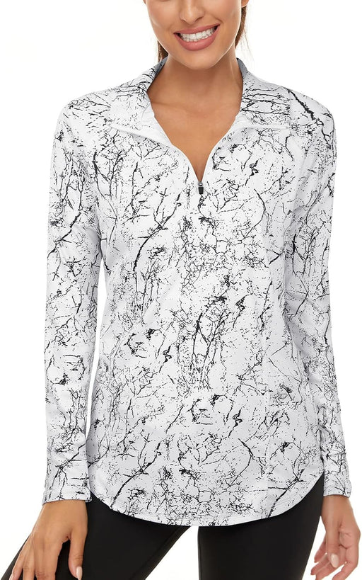 Womens UPF 50+ Long Sleeve 1/4 Zip Pullover Athletic Hiking Running Workout Tops - Marble