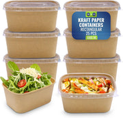 Disposable 25-Pack Kraft Paper Containers 500 ml with Lid, Rectangular Disposable Bowls, Sturdy Food Salad Containers, Eco-Friendly Takeaway Lunch Boxes, Microwave Safe, Heavy Duty Meal Prep Box - Brown (Pack 25) 1000 ml