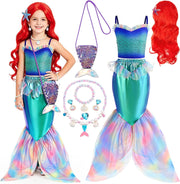AM ANNA Girls Mermaid Costume Set, 9-in-1 Ensemble with Wig, Gloves, Crown and Accessories, Polyester, Ages 4-10, Purple, Halloween and Birthday Fancy Dress Kids Mermaid Costume - 7 in 1
