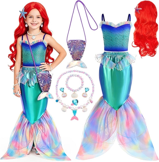 AM ANNA Girls Mermaid Costume Set, 9-in-1 Ensemble with Wig, Gloves, Crown and Accessories, Polyester, Ages 4-10, Purple, Halloween and Birthday Fancy Dress Kids Mermaid Costume - 7 in 1