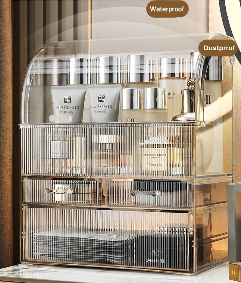 U-HOOME Makeup Organizer,Cosmetic Storage Display Case with Drawer and Dustproof Cover,Vanity Organizer Fits,Makeup Brushes, Lipsticks For Vanity, Bedroom, and Bathroom Skincare Organizer (Clear)