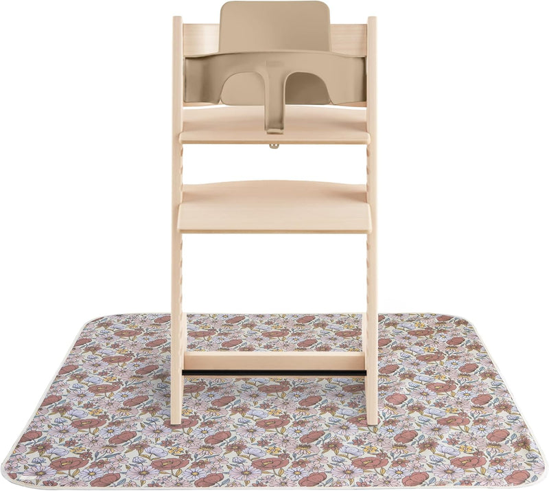Baby Splat Mat 42.5x42.5 Inch (Olive Check) Water Resistant for Under High Chair and Infant Play - Retro Flowers