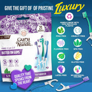GuruNanda 6-in-1 Disposable Toothbrush, Ready to Use Pre-Glued Butter on Gum, Softex Brushes, Flossing and Toothpicks, Tongue and Cheek Cleaner, Wrapped