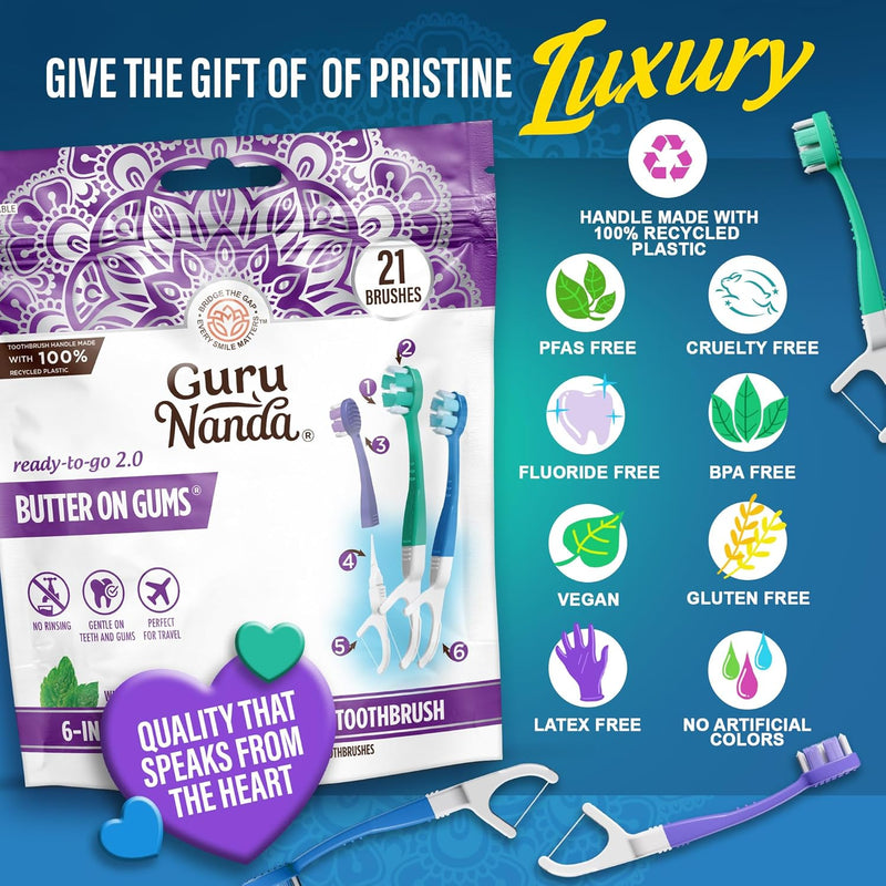 GuruNanda 6-in-1 Disposable Toothbrush, Ready to Use Pre-Glued Butter on Gum, Softex Brushes, Flossing and Toothpicks, Tongue and Cheek Cleaner, Wrapped