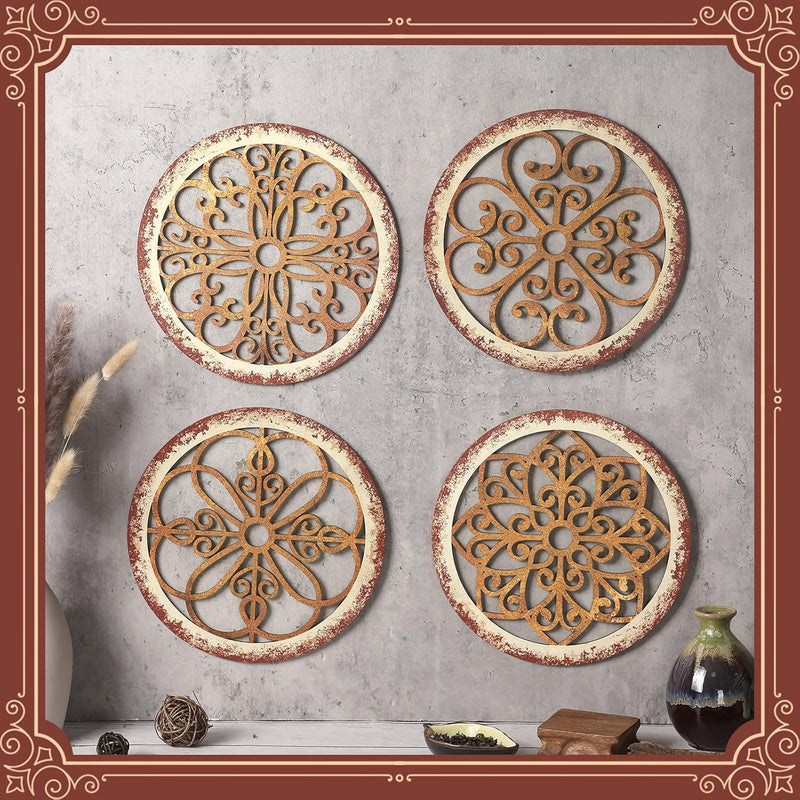 Yulejo 4 Pcs Thicken Rustic Wall Decor Farmhouse Wall Art Wooden Hollow Carved Design Decor Rustic Round Wall Art for Living Room Bedroom Hallway Decor Kitchen Wall (Black, Brown,9.8 x 9.8 Inch)