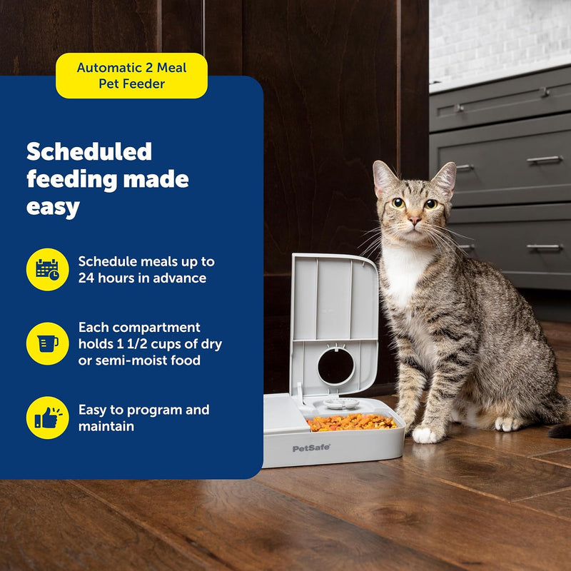 PetSafe Analog 2 Meal Programmable Pet Feeder, Dry or Semi-Moist Pet Food Dispenser, Slow Feed Portion Control (3 Cup/16 Ounce Total Capacity), Tamper-Resistant Design, Gray - 2-Meal Feeder