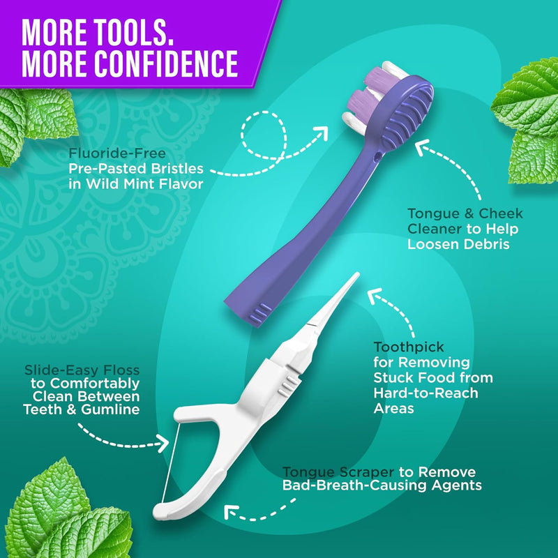 GuruNanda 6-in-1 Disposable Toothbrush, Ready to Use Pre-Glued Butter on Gum, Softex Brushes, Flossing and Toothpicks, Tongue and Cheek Cleaner, Wrapped