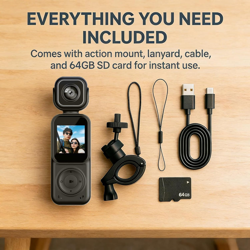 Angju 4K Pocket Vlogging Camera with Dual Screen & 3-Axis Gimbal Stabilizer, Handheld Portable Video Camera with WiFi, Face Tracking, 270 Rotation & 64GB SD Card