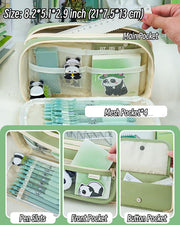 Panda Pencil Case, 10Pcs Cute Panda Pencil Case Large Capacity, Adults Aesthetic Pencil Case, Kawaii Pencil Pouch Cute With Zipper Preppy Pen Bag With Gel Ink Pens, Clips, Stickers, Pin (Black)