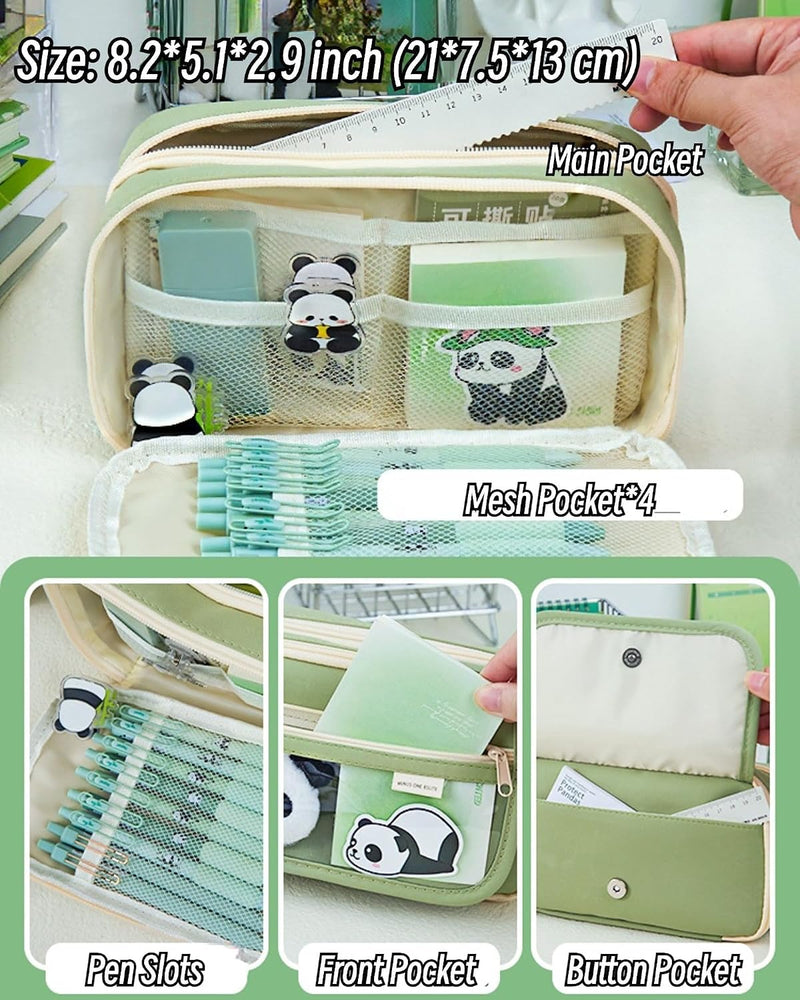 Panda Pencil Case, 10Pcs Cute Panda Pencil Case Large Capacity, Adults Aesthetic Pencil Case, Kawaii Pencil Pouch Cute With Zipper Preppy Pen Bag With Gel Ink Pens, Clips, Stickers, Pin (Black)