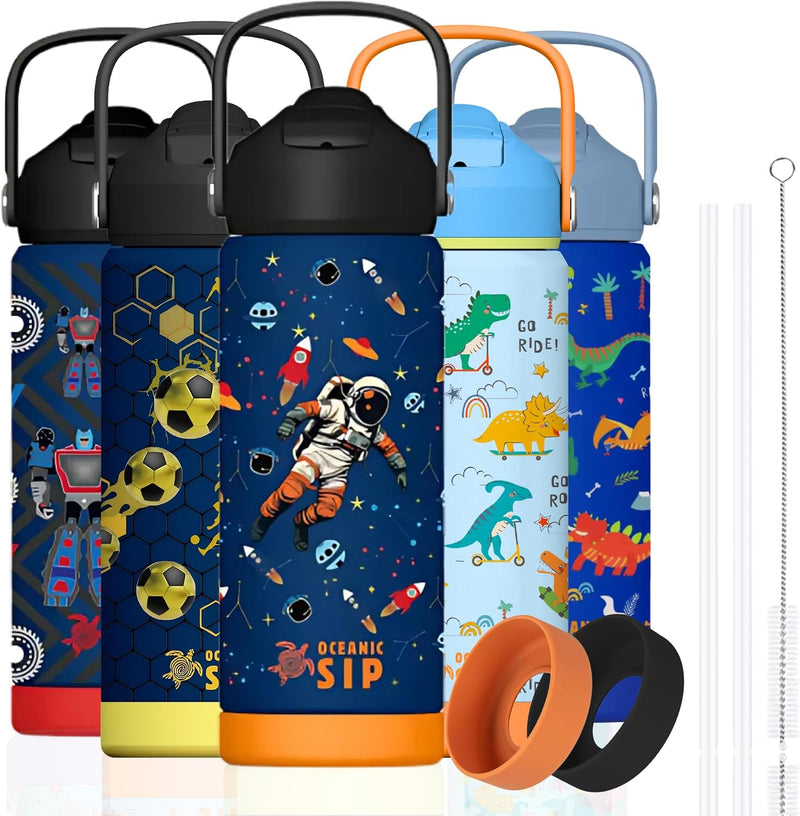 Boys Stainless Steel Water Bottle 550ml 18oz Double-Wall Vacuum Insulated 304 Stainless steel Water Bottle BPA FREE Leak Proof (Football, 550ml) - Space 550 ml