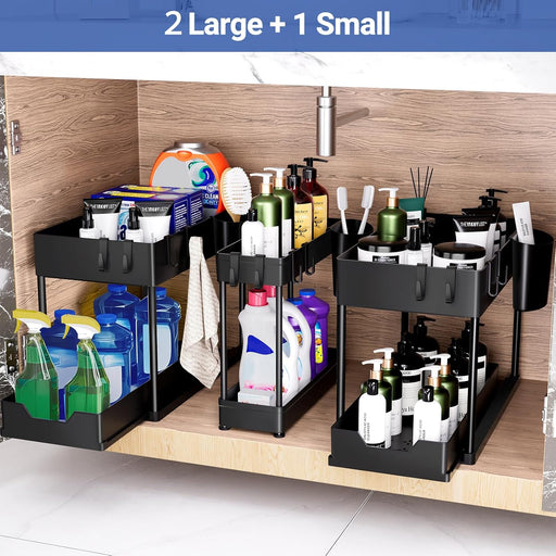 Puricon 3 Pack Under Sink Organizer Pull Out Under Sink Storage, 2 Tier Multi-Purpose Sliding Under the Sink Organizer Bathroom Kitchen Sink Organizer Under Cabinet Shelf for Cleaning Supplies -Black - Black