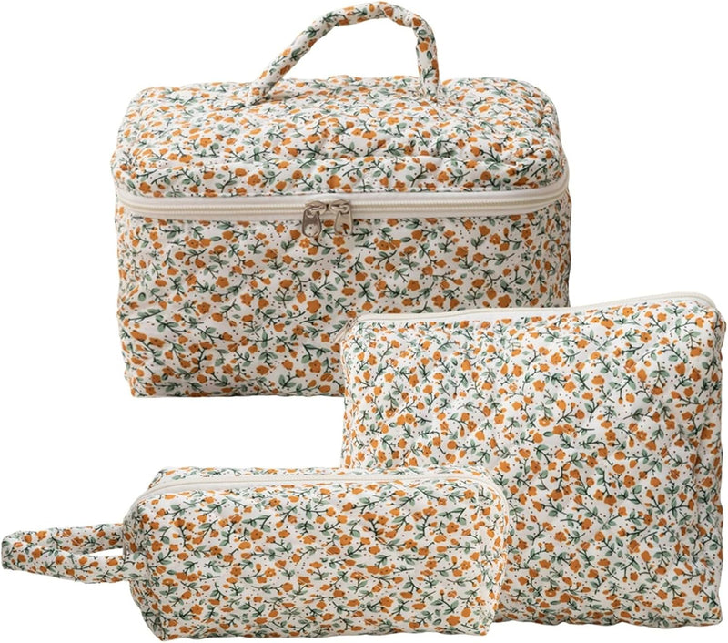 3 Pcs Cotton Quilted Makeup Bag Set,Floral Makeup Bag,Cute Makeup Bag,Travel Makeup Bag,Large Toiletry Cosmetic Bag Makeup Bag Organizer for Women Girls (H) - F