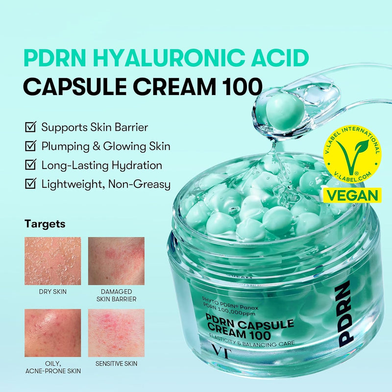 PDRN Capsule Cream 100, Hydrating Face Moisturizer with 100,000ppm PDRN, Hyaluronic Acid, 9 Peptides, Firming & Plumping Nourishing Cream, Korean Skin Care (1.69 fl. oz.)