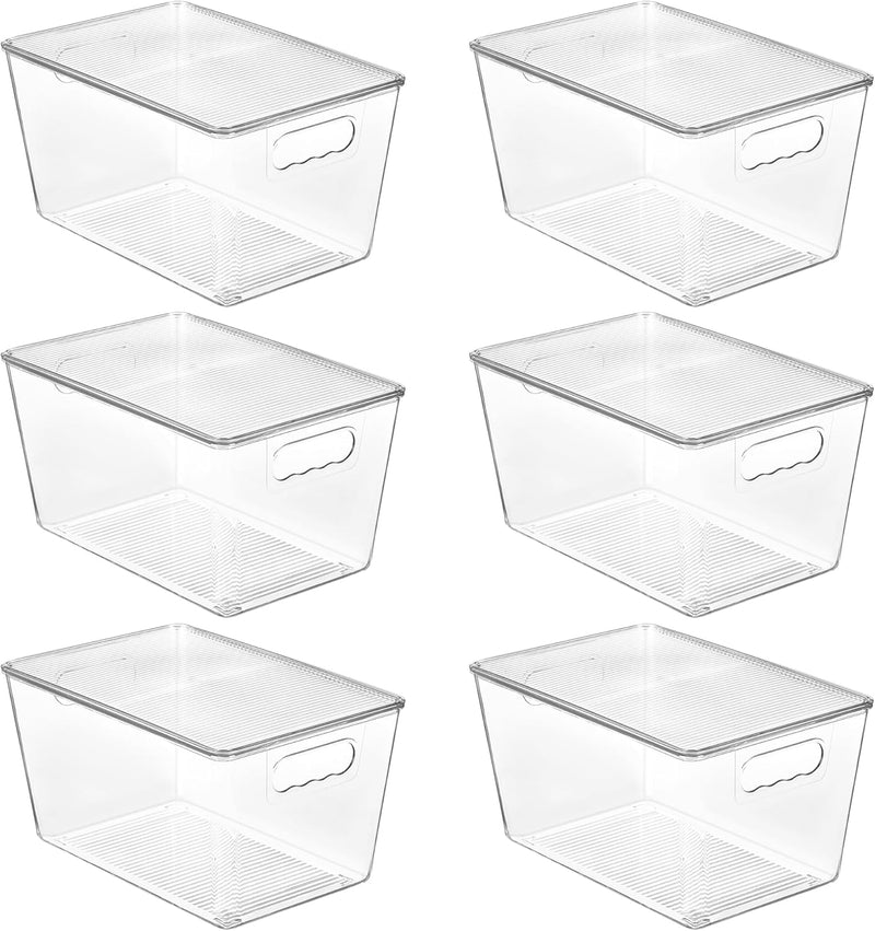 6 Pack Clear Stackable Storage Bins with Lids, Organizer Boxes with Handle for Kitchen Organization, Perfect for Pantry, Fridge, Cabinet, Closet, Bathroom, Medium - 6pack-L