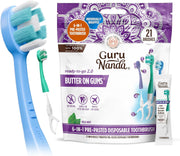 GuruNanda 6-in-1 Disposable Toothbrush, Ready to Use Pre-Glued Butter on Gum, Softex Brushes, Flossing and Toothpicks, Tongue and Cheek Cleaner, Wrapped