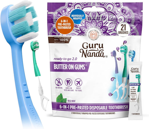 GuruNanda 6-in-1 Disposable Toothbrush, Ready to Use Pre-Glued Butter on Gum, Softex Brushes, Flossing and Toothpicks, Tongue and Cheek Cleaner, Wrapped