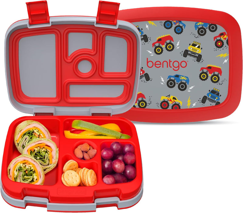 Bentgo Kids Prints Leak-Proof, 5-Compartment Bento-Style Kids Lunch Box - Ideal Portion Sizes for Ages 3 to 7 - BPA-Free, Dishwasher Safe, Food-Safe Materials (Dino Fossils) - Red
