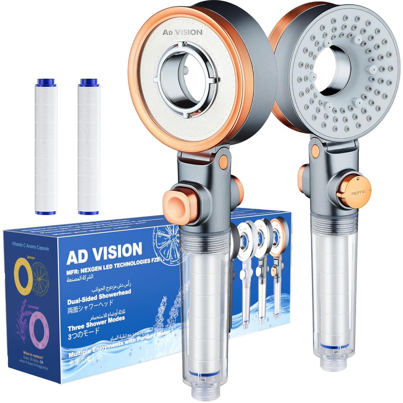 AD-VISION SGS Filtered High Pressure Shower Head | Removes Chlorine, For Hard Water & Hair Loss | 3 Modes with Adj. Flow Pause | Double Sided Micro-Nano Bubble Tech, Easy Install [Includes 1+1 Filter]