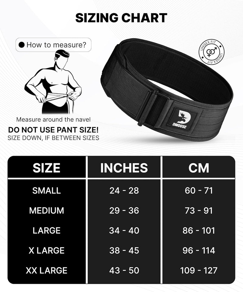 DMoose Fitness Weight Lifting Belt - Auto Locking 4" Nylon Gym Belt with Adjustable Buckle - Provides Lumbar Support & Stability for Olympic Training, WOD & Cross Training for Men & Women