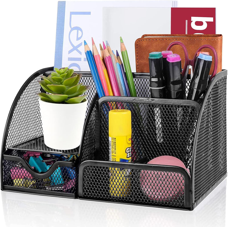 KASTWAVE Mesh Desk Organizer, Office Desk Organizer and Accessories, All in One Desk Organizer Pencil Holder with Drawer, Desktop Organizer with More Space for Office Supplies and Desk