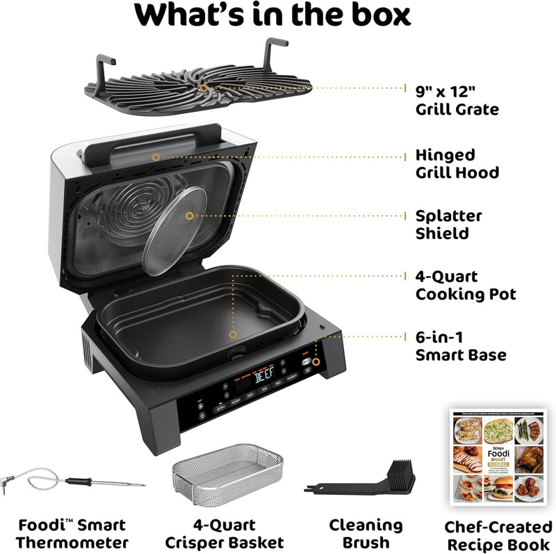Ninja Foodi Smart XL 6-in-1 Indoor Grill with Air Fry, Roast, Bake, Broil, & Dehydrate, Foodi Smart Thermometer, 2nd Generation, Black/Silver, DG551ME, 2 Years Warranty