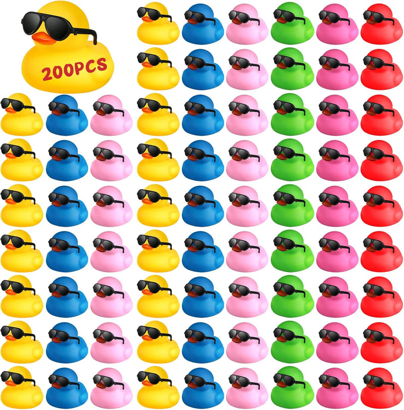 Chivao 200 Pcs Mini Rubber Ducks with Sunglasses, Rubber Ducks in Bulk Mini Tiny Ducks Bath Toys Float Squeak Bathtub Duckies Cruise Baby Shower Birthday Party (Colorful)