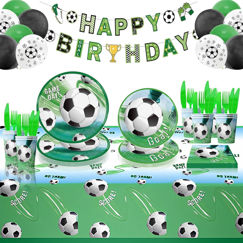 Soccer Birthday Party Decorations 140 PCS, Complete Soccer Party Set for 20 Guests, Includes Plates, Napkins, Cups, Banner, Balloons, Tablecloth, Cutlery
