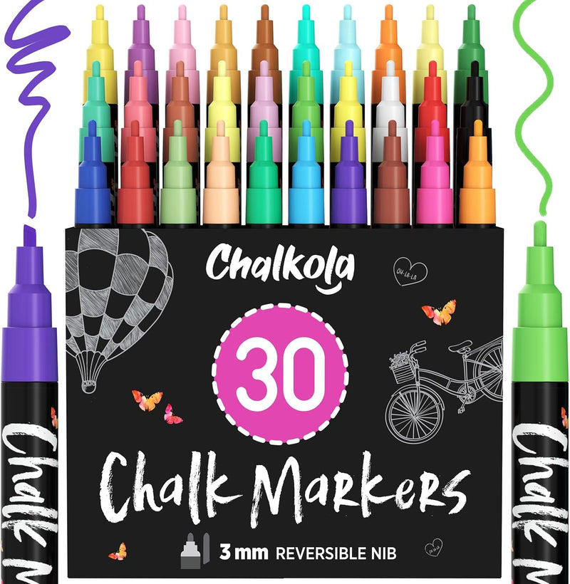 Extra Fine Tip Liquid Chalk Markers (30 Pack 1mm) Pastel + Neon Chalk Pens - Erasable Dry Erase Marker for Chalkboard, Blackboards, Window, Bistro