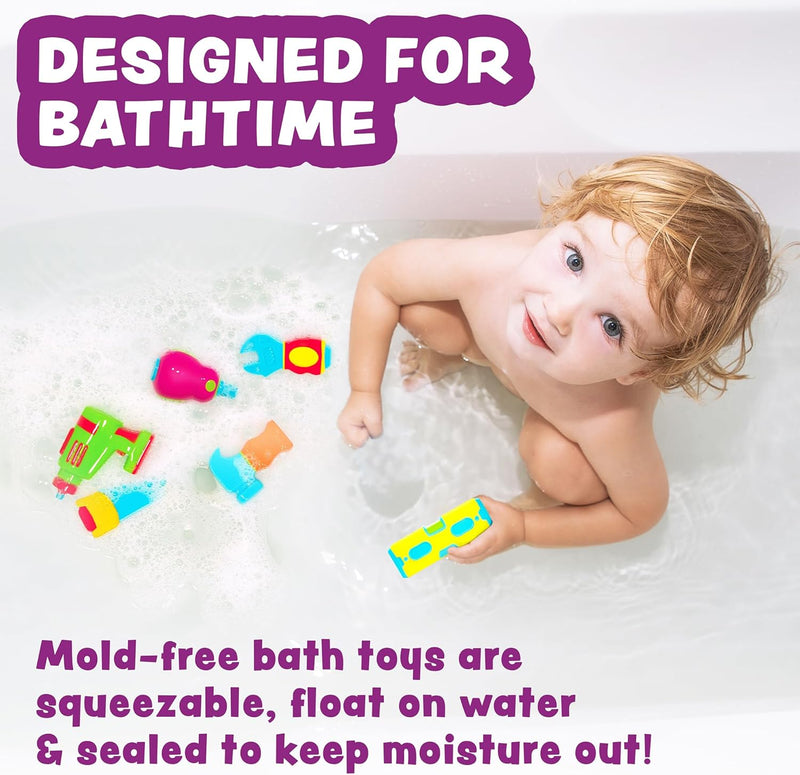 Tub Works® Tools™ Mold Free Bath Toys, 6 Pack | Sealed, No Hole Bath Toys Design Keeps Moisture Out | Soft, Squeezable & Float on Water | Easy-Grip Baby & Toddler Bath Toys | Fun Tools Kids Bath Toys