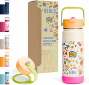 550ml Kids Water Bottle 18/8 Stainless Steel Double Wall Insulated thermo Bottle with Straw Lid and Wide Mouth, Hot Cold Liquids Sports School Bottle (19oz, Blush & Bows) - 550ML Neon Flash