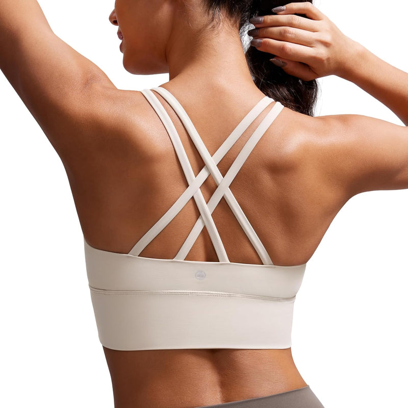 CRZ YOGA Womens Strappy Longline Sports Bra - Medium Impact Criss Cross Yoga Padded Bras Workout Crop Top