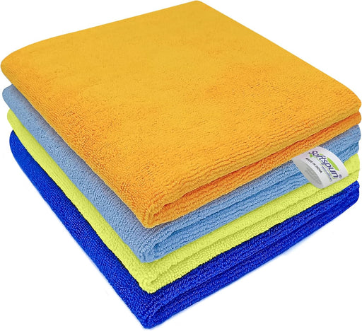 SOFTSPUN Microfiber Cleaning Cloths, 4pcs 40x40cms 340 GSM Multi-Colour Highly Absorbent, Lint and Streak Free, Multi -Purpose Wash Cloth for Kitchen, Window, Stainless Steel, silverware.