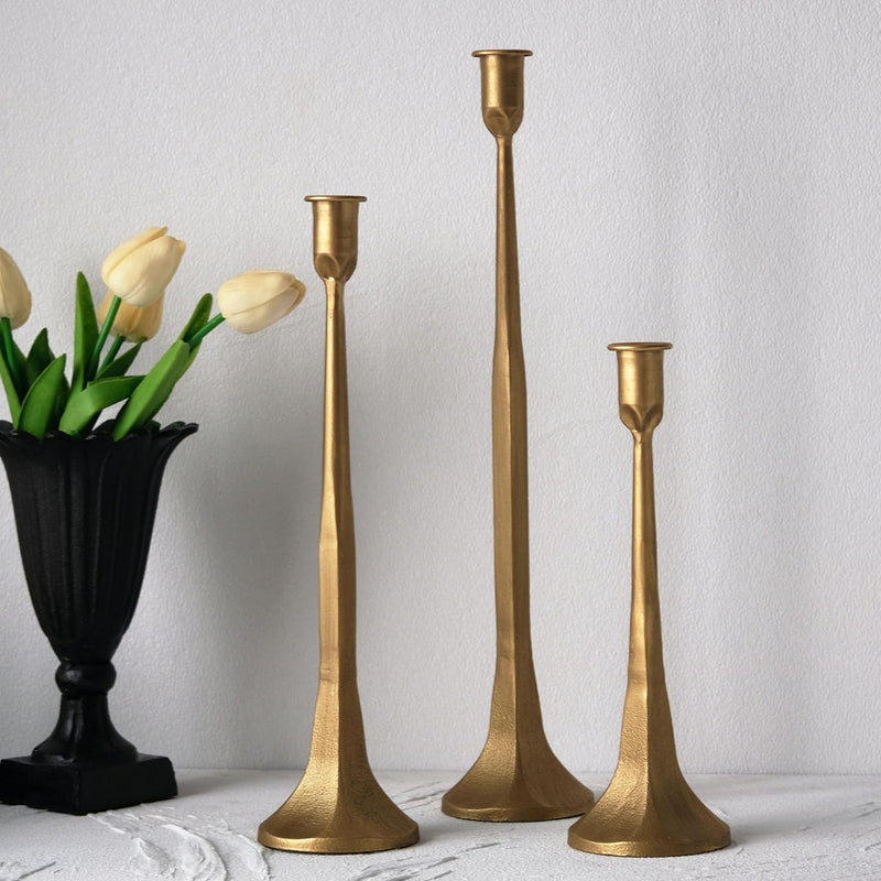 KASTWAVE Iron Taper Candle Holder, Set of 3 Gold Candlestick Holders Decorative Candle Stand, Tapered Candle Holders Tall Set for Wedding, Dining Table, Home Decoration, Party - Antique Brass