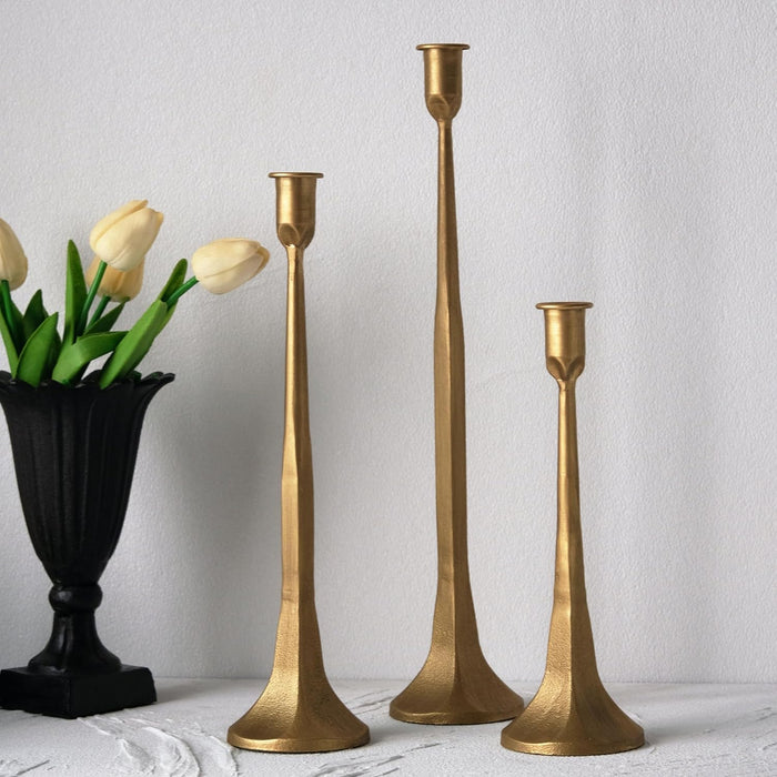 KASTWAVE Iron Taper Candle Holder, Set of 3 Gold Candlestick Holders Decorative Candle Stand, Tapered Candle Holders Tall Set for Wedding, Dining Table, Home Decoration, Party - Antique Brass
