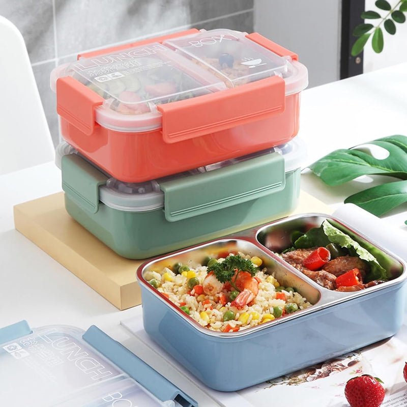Stainless Steel 2 Compartments Bento Lunchbox with Removable Inner Tray - Leak Proof Bento Box for Kids, Adults - Tiffin Box for Office, School (GREEN)